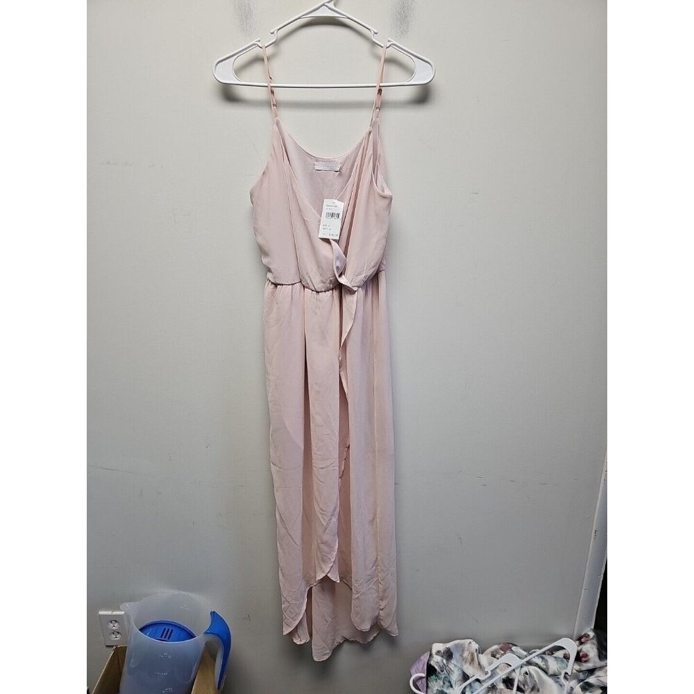 NEW Lush Sheath dress SMALLlinec cream pink ruffle hem spaghetti strap chiffon